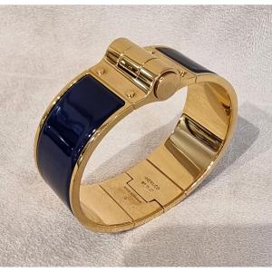 Hermès Bracelet Charnière Plaqué Or & émail Bleu Marine