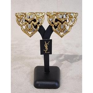 Ysl Yves Saint Laurent Pair Of Gold Metal & Crystal Clips