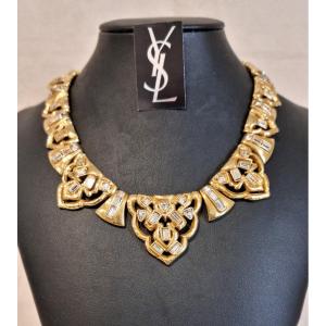 YSL Yves Saint Laurent Collier Métal Doré Et Cristal