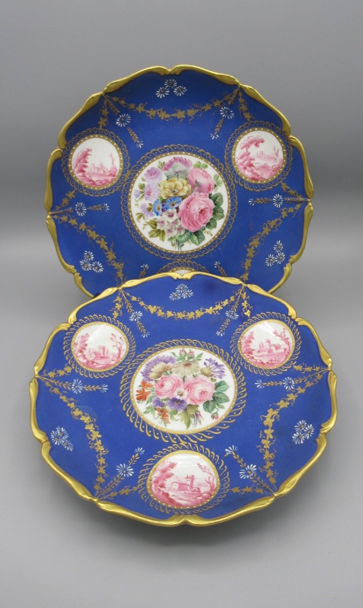 Pair Of Biscuit And Polychrome And Gold Porcelain Plates With Floral D