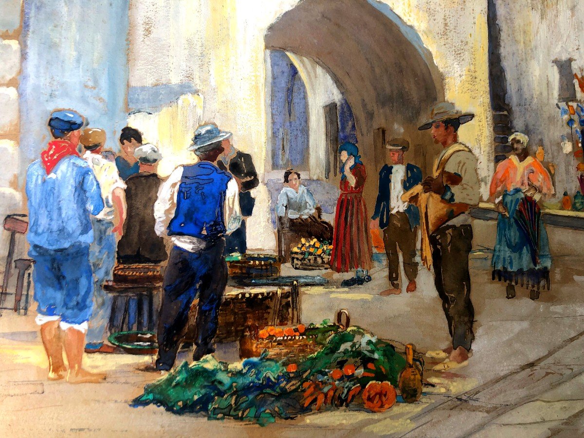 Marché Provençal Vers 1900 Gouache Sur Carton-photo-2