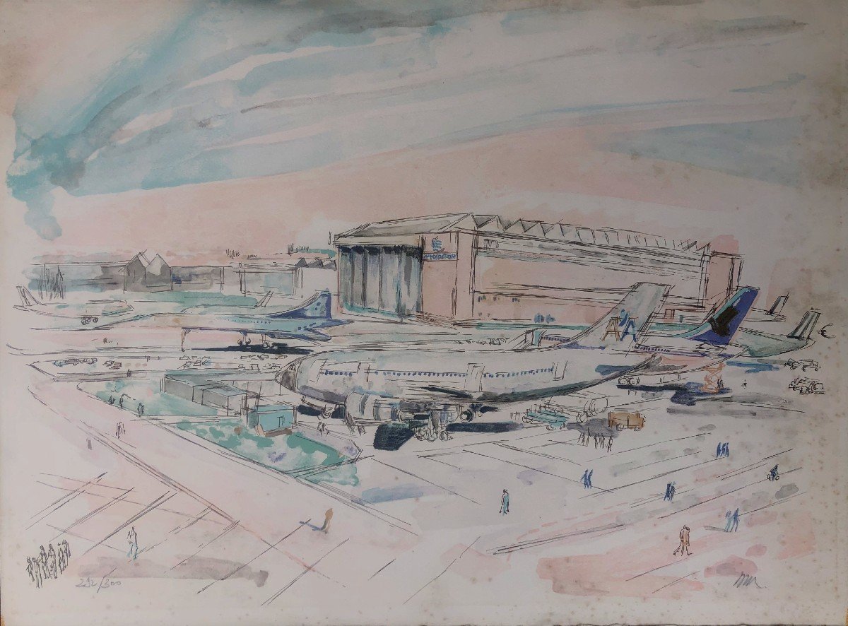 Lithographie Site Airbus Aérospatiale  Avec Le Concorde Années 1970