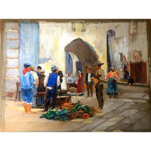 Marché Provençal Vers 1900 Gouache Sur Carton