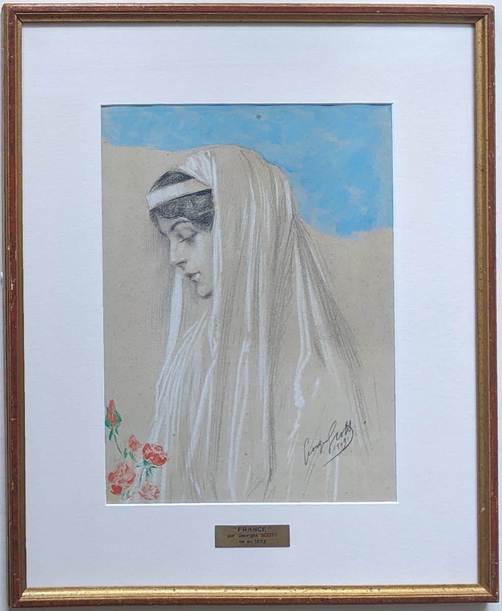 Georges Scott, France, 1909, Drawing In Black Stone, White Chalk, Watercolor And Gouache-photo-2