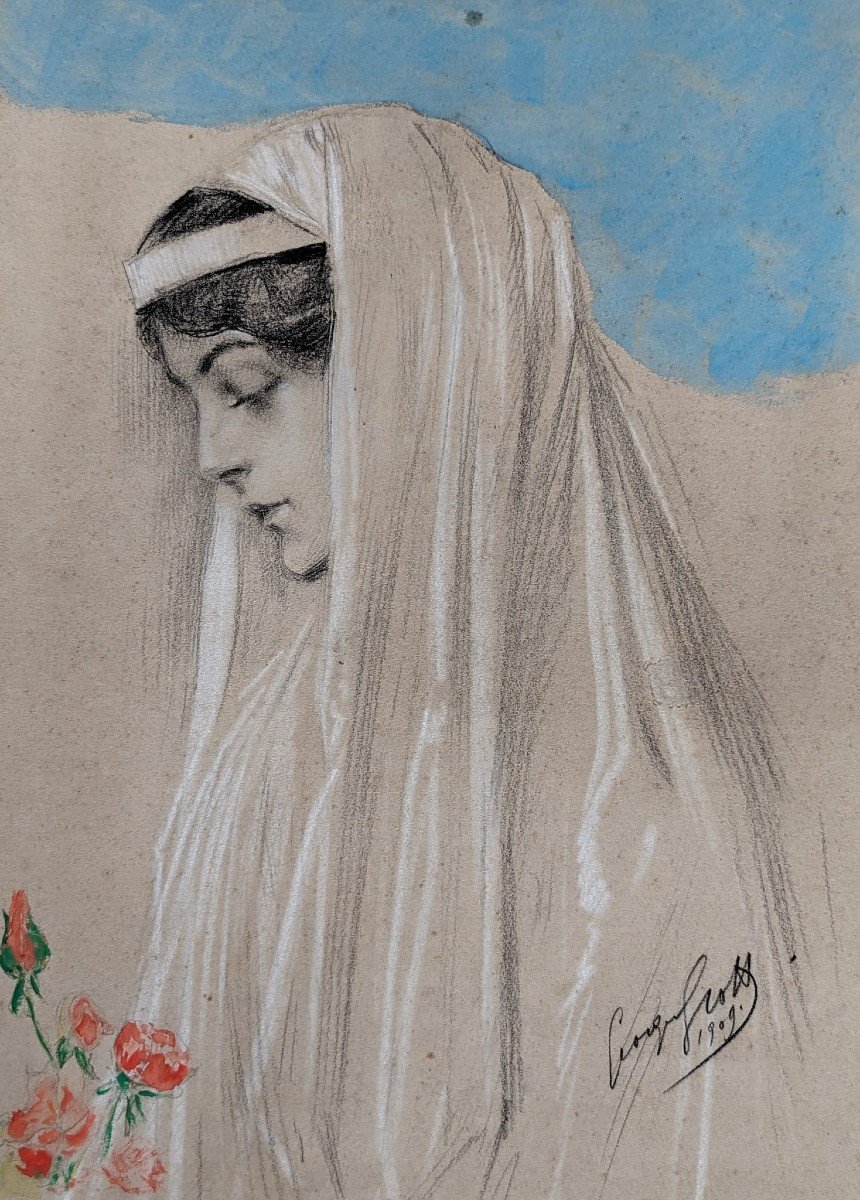 Georges Scott, France, 1909, Drawing In Black Stone, White Chalk, Watercolor And Gouache