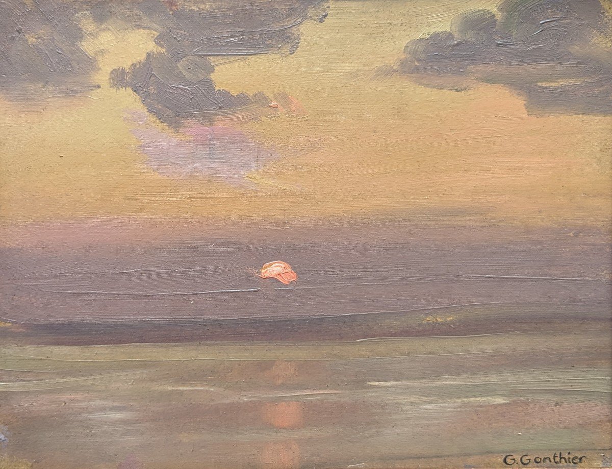 Georges Gonthier, Sunset Over The Sea, Oil On Cardboard-photo-2