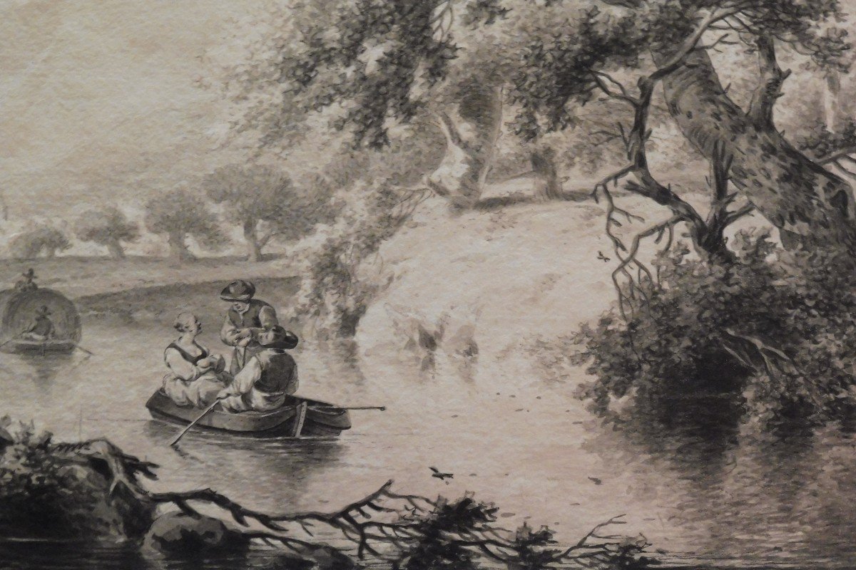 Dirk Jan Van Der Laan 1759-1829 Animated River Landscape Gray Ink Wash Drawing-photo-2