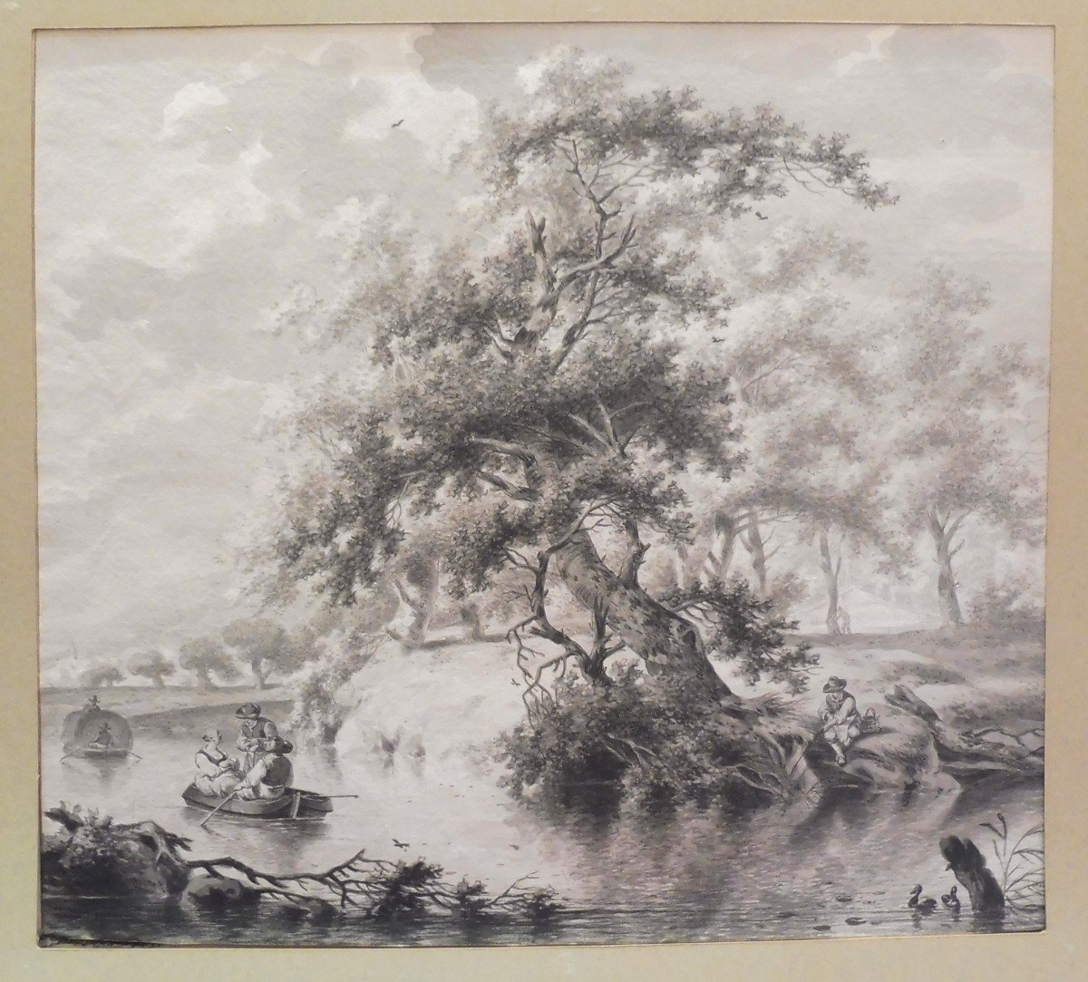 Dirk Jan Van Der Laan 1759-1829 Animated River Landscape Gray Ink Wash Drawing
