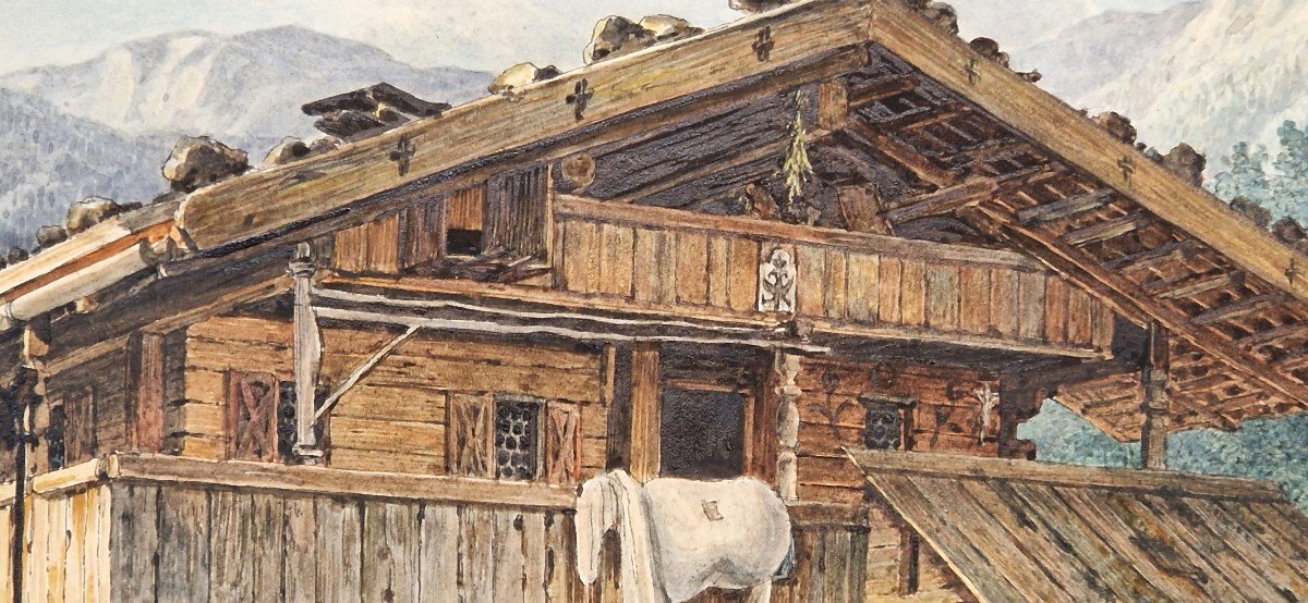 Simon Quaglio 1795-1878 Chalet Dans Les Alpes Italiennes Aquarelle-photo-3