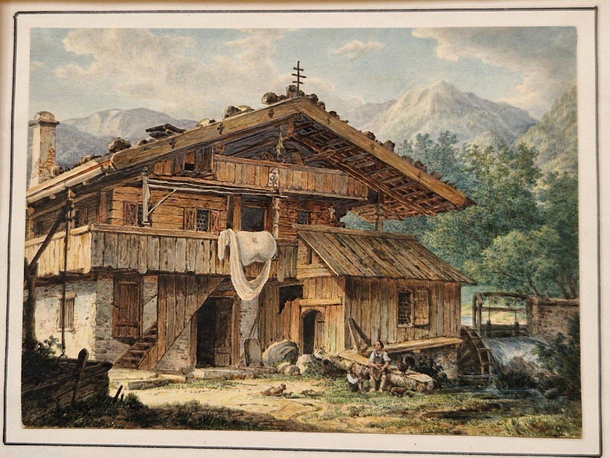 Simon Quaglio 1795-1878 Chalet Dans Les Alpes Italiennes Aquarelle