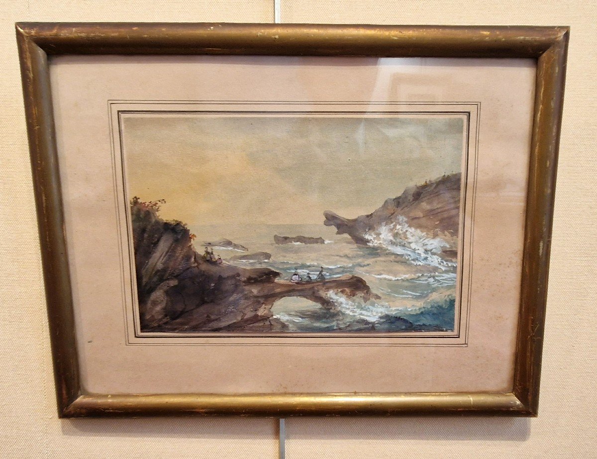 Rochers à Biarritz Ecole Française 19ème Siècle Aquarelle-photo-1