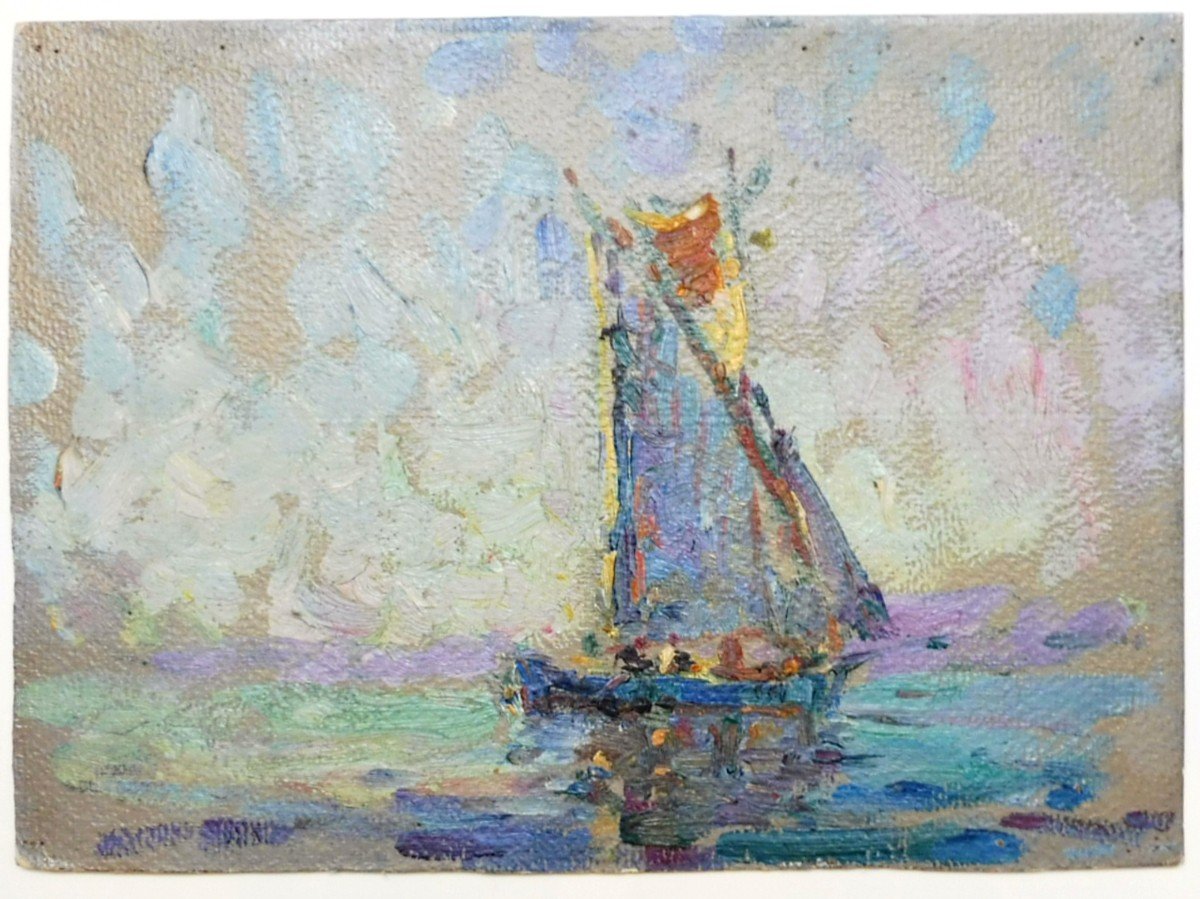 Georges Ricard-cordingley 1873-1939 Sailboat In The Mediterranean Oil On Cardboard