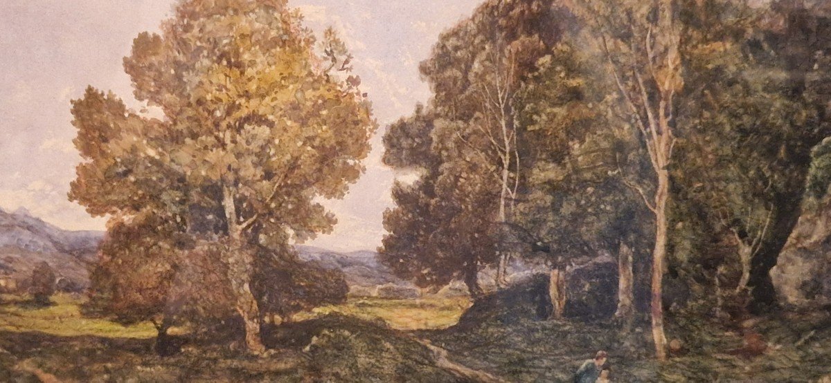 Henri Harpignies 1819-1916 Walk In The Forest Watercolor-photo-3