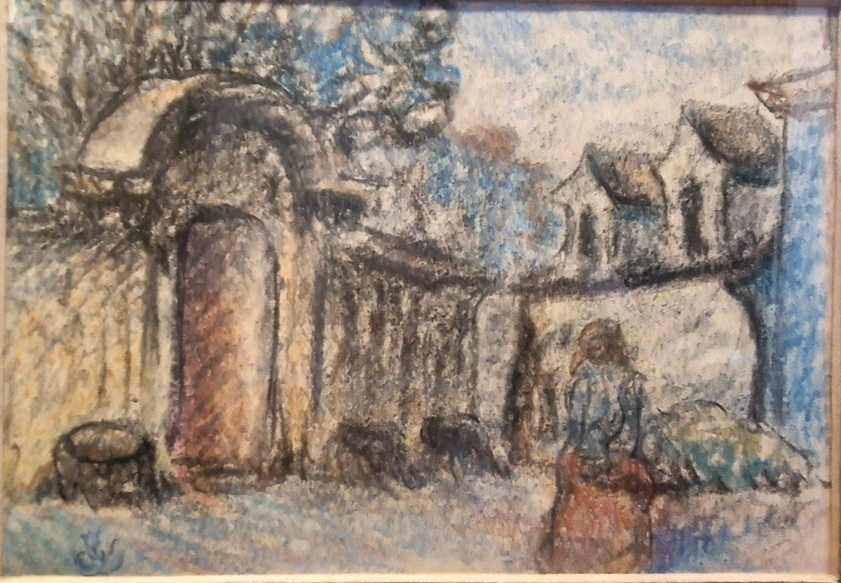 Claude Emile Schuffenecker 1851-1934 Bergère Devant La Maison Pastel-photo-2