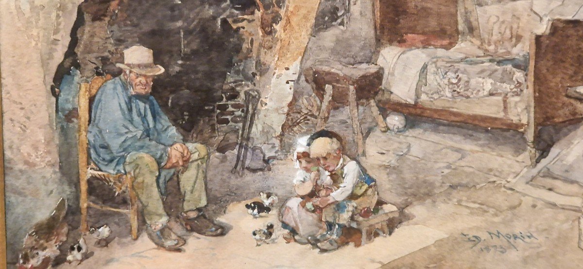 Edmond Morin 1824-1892 Enfants Jouant Près Du Grand-père Aquarelle -photo-3