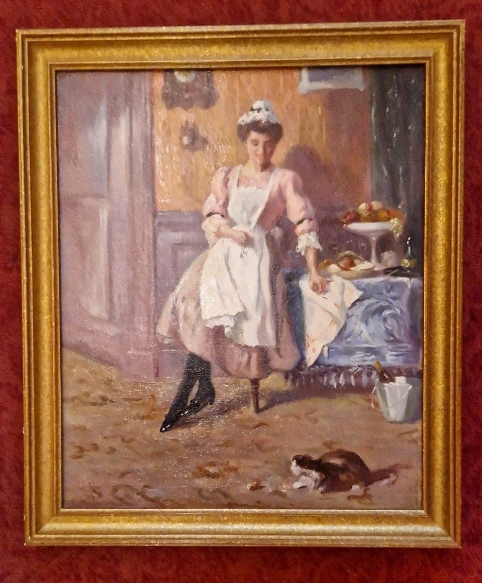 "the Servant, The Cat And The Champagne Cork" Oil On Canvas Signed Henri Cottin-photo-2