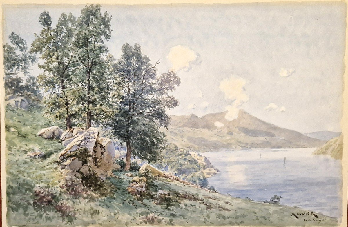 Théophile Meunier 1800-1884 Le Lac Du Bourget En Savoie Aquarelle