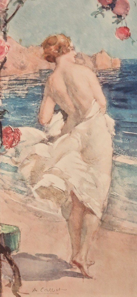 Antoine Calbet 1860-1944 Femme Sur La Plage Aquarelle -photo-2