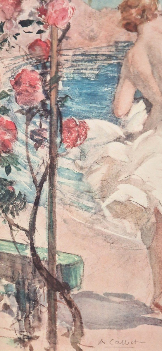 Antoine Calbet 1860-1944 Femme Sur La Plage Aquarelle -photo-3