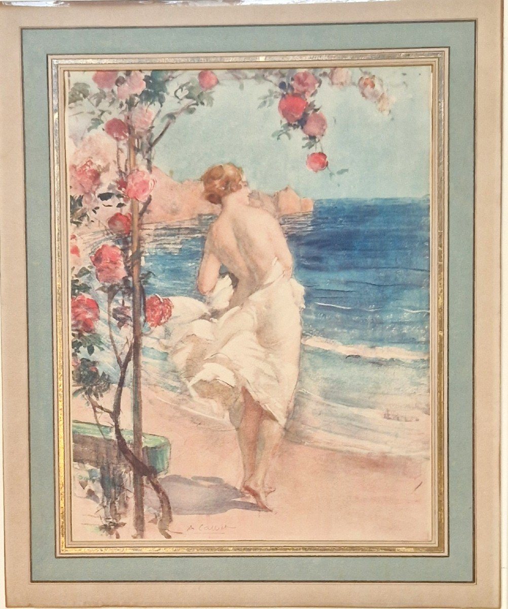 Antoine Calbet 1860-1944 Femme Sur La Plage Aquarelle -photo-1