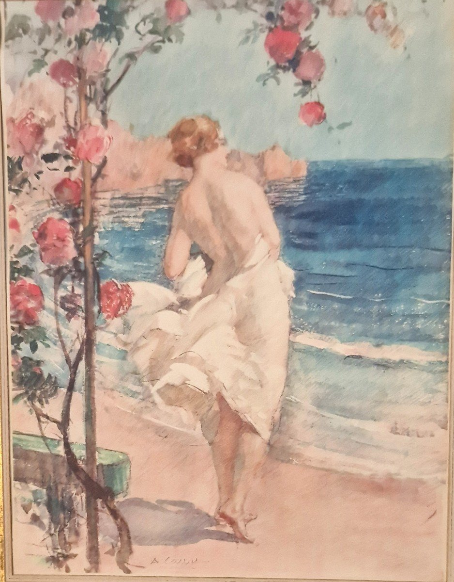 Antoine Calbet 1860-1944 Femme Sur La Plage Aquarelle 