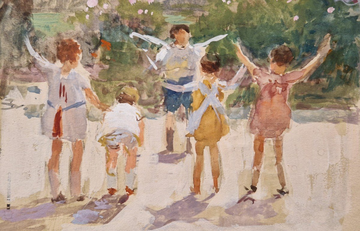 Victor Gabriel Gilbert 1847-1935 La Gymnastique Des Enfants Aquarelle-photo-2