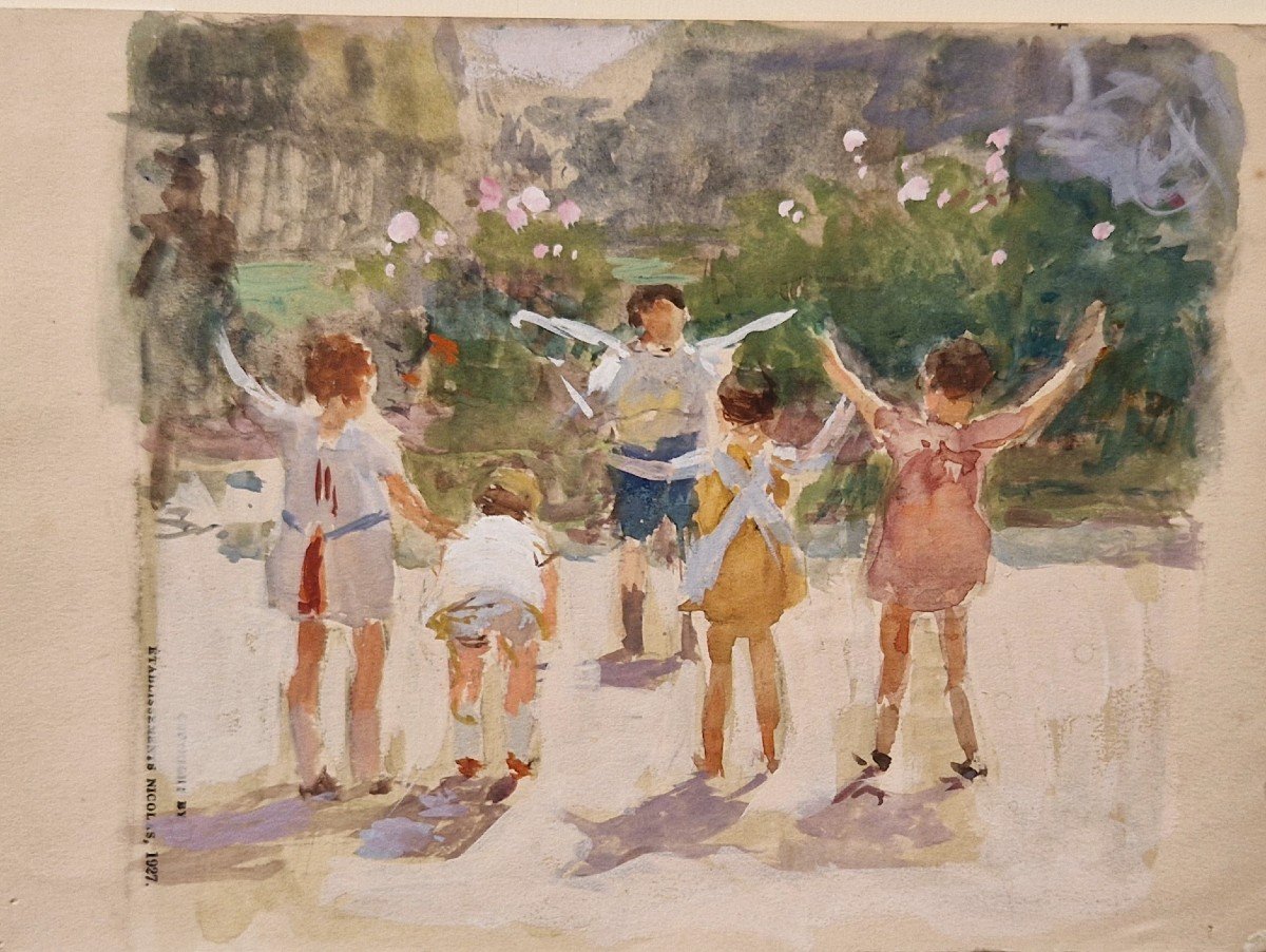 Victor Gabriel Gilbert 1847-1935 La Gymnastique Des Enfants Aquarelle