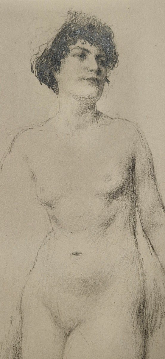 Henri Royer 1869-1938 Female Nude Black Pencil Drawing-photo-1