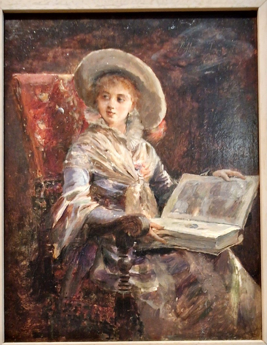 José Alcazar Tejedor 1850-1907 Young Girl Reading Oil On Panel-photo-2