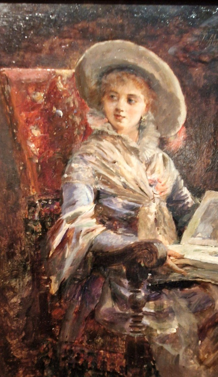 José Alcazar Tejedor 1850-1907 Young Girl Reading Oil On Panel-photo-3