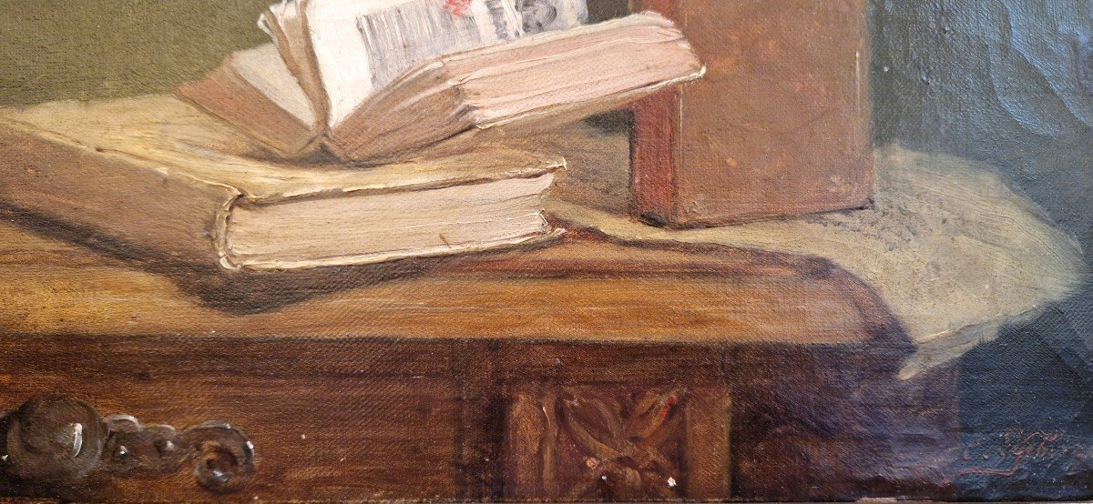 Ernest Eugène Lefebvre (1850 Le Havre -1889 Le Havre) Still Life With Old Books Oil-photo-4