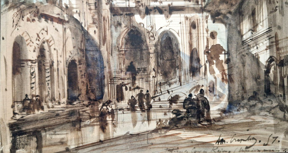 Louis Amable Crapelet 1822-1867 Mosque In Cairo Watercolor-photo-2