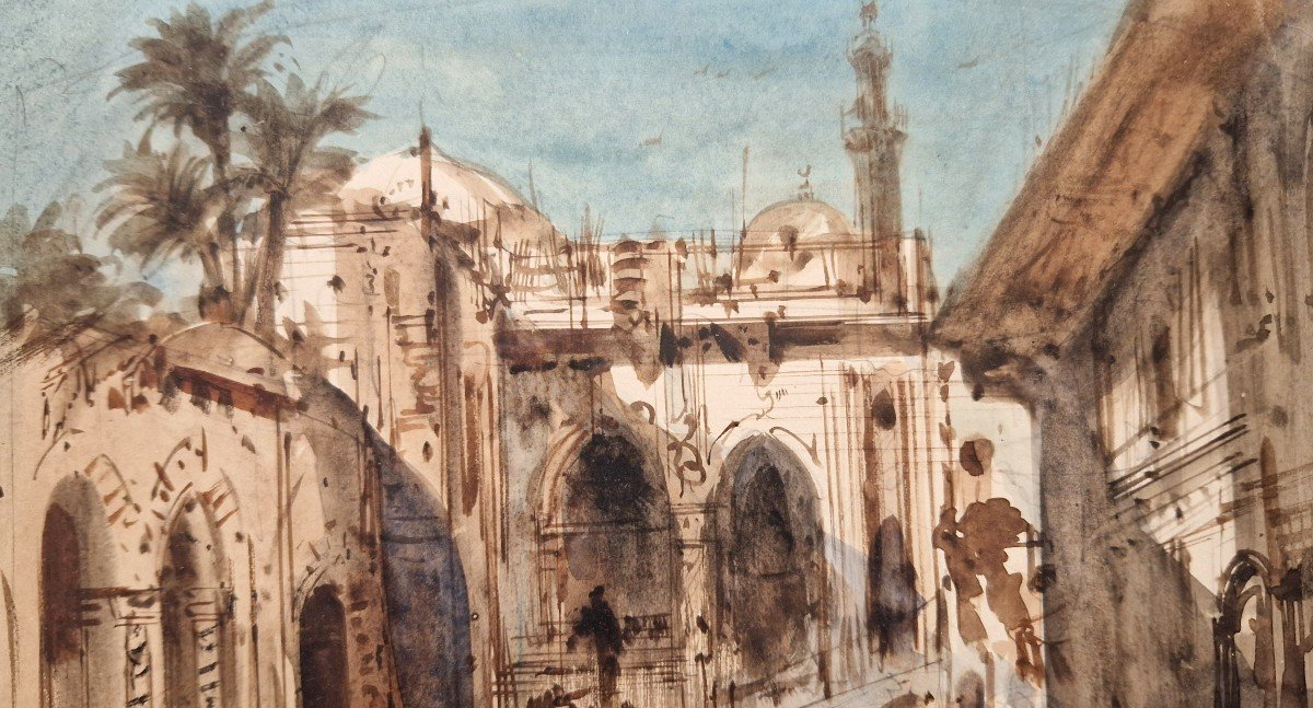 Louis Amable Crapelet 1822-1867 Mosque In Cairo Watercolor-photo-3