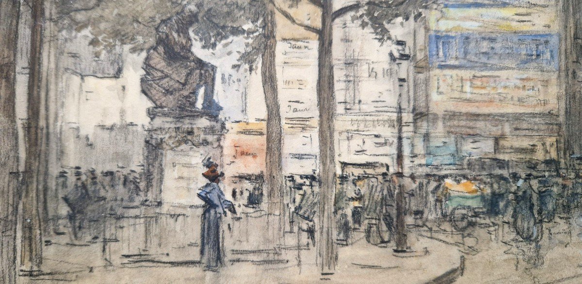 Francis Garat Born In 1853 Boulevard St Germain The Statue Of Diderot Watercolor And Black Pencil-photo-3