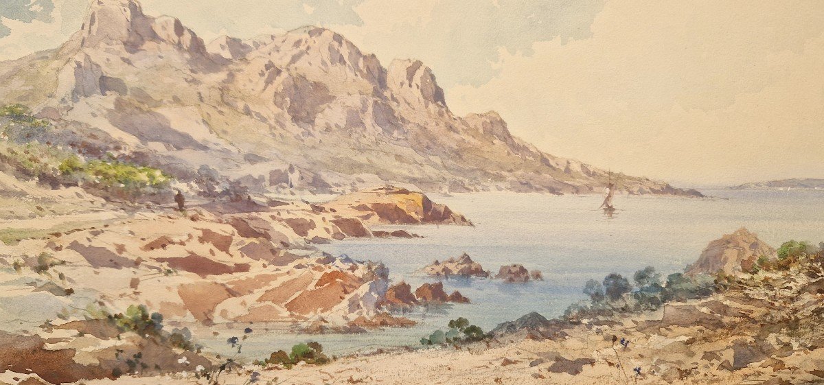 Emmanuel Costa 1833-1921 l'Estérel Et Les Iles De Lérins Aquarelle -photo-2