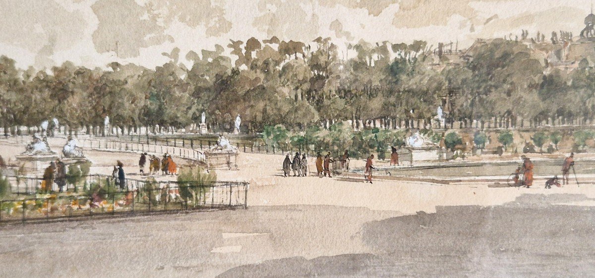 Léon Jean Baptiste Sabatier 1827-1887 Le Jardin De Tuileries Paris  Aquarelle Et Gouache-photo-3