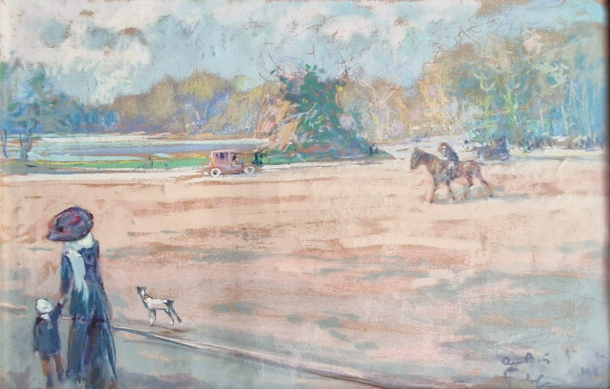 Louis Fortuney 1875-1951 Walk At The Lake Of The Bois De Boulogne Pastel-photo-2