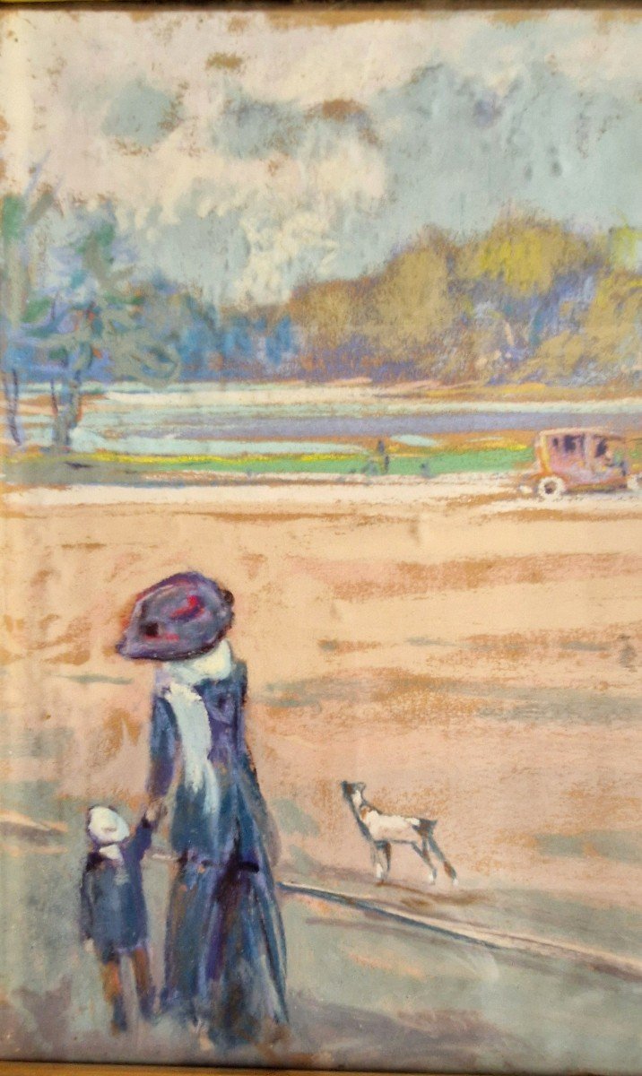 Louis Fortuney 1875-1951 Walk At The Lake Of The Bois De Boulogne Pastel-photo-3