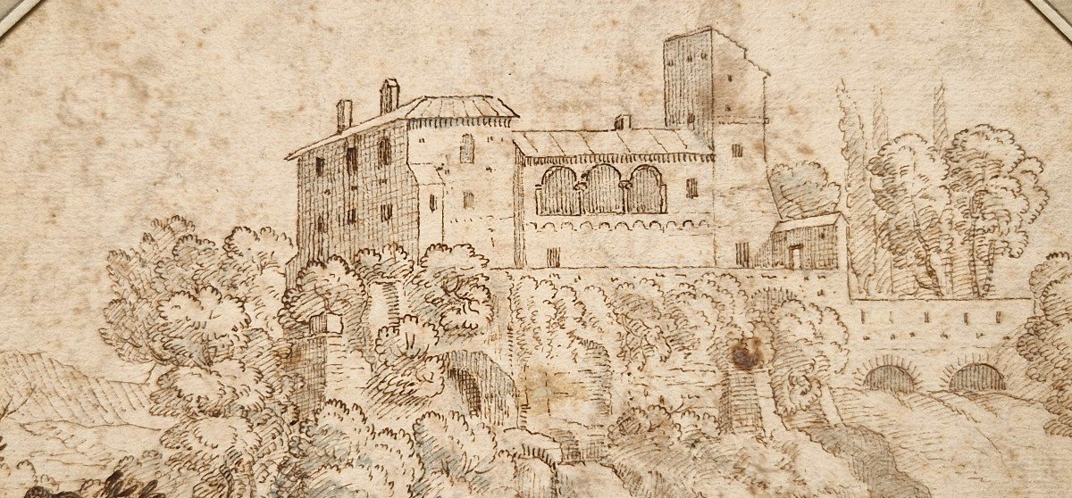 Italian School 17th Century Palace On A Rocky Peak Pen, Ink, Wash-photo-2