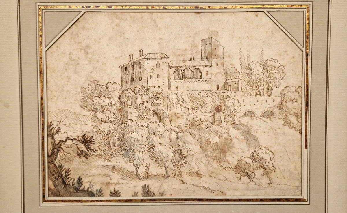 Italian School 17th Century Palace On A Rocky Peak Pen, Ink, Wash