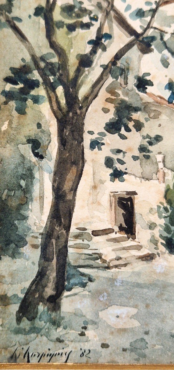 Henri Harpignies 1819-1916 Tree In Front Of The House Watercolor-photo-2