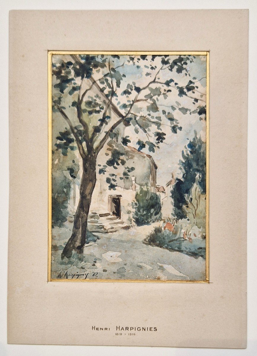 Henri Harpignies 1819-1916 Tree In Front Of The House Watercolor-photo-4