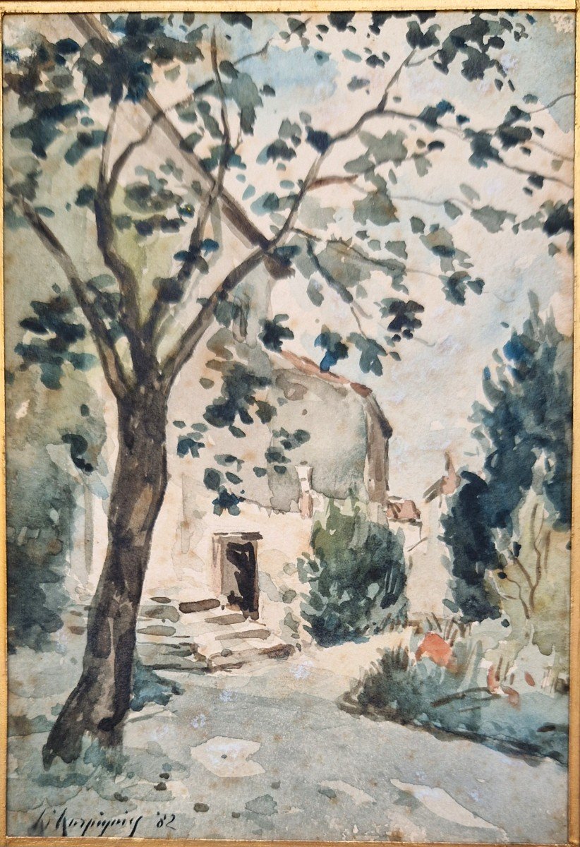 Henri Harpignies 1819-1916 Tree In Front Of The House Watercolor