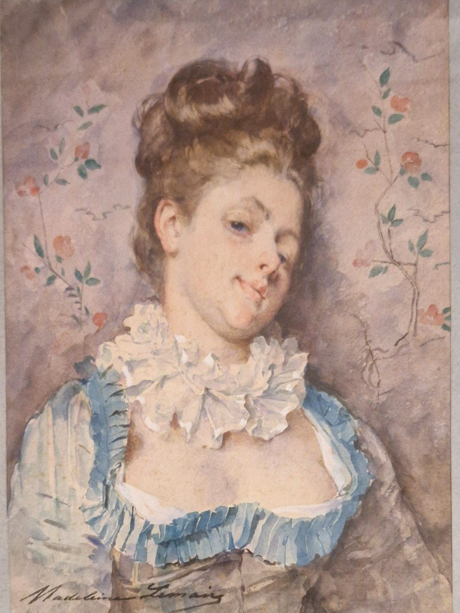 Madeleine Lemaire 1845-1928 Portrait Of A Young Woman Watercolor-photo-2