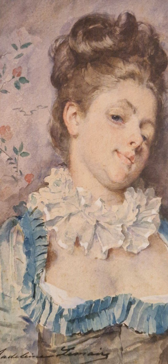 Madeleine Lemaire 1845-1928 Portrait Of A Young Woman Watercolor-photo-3