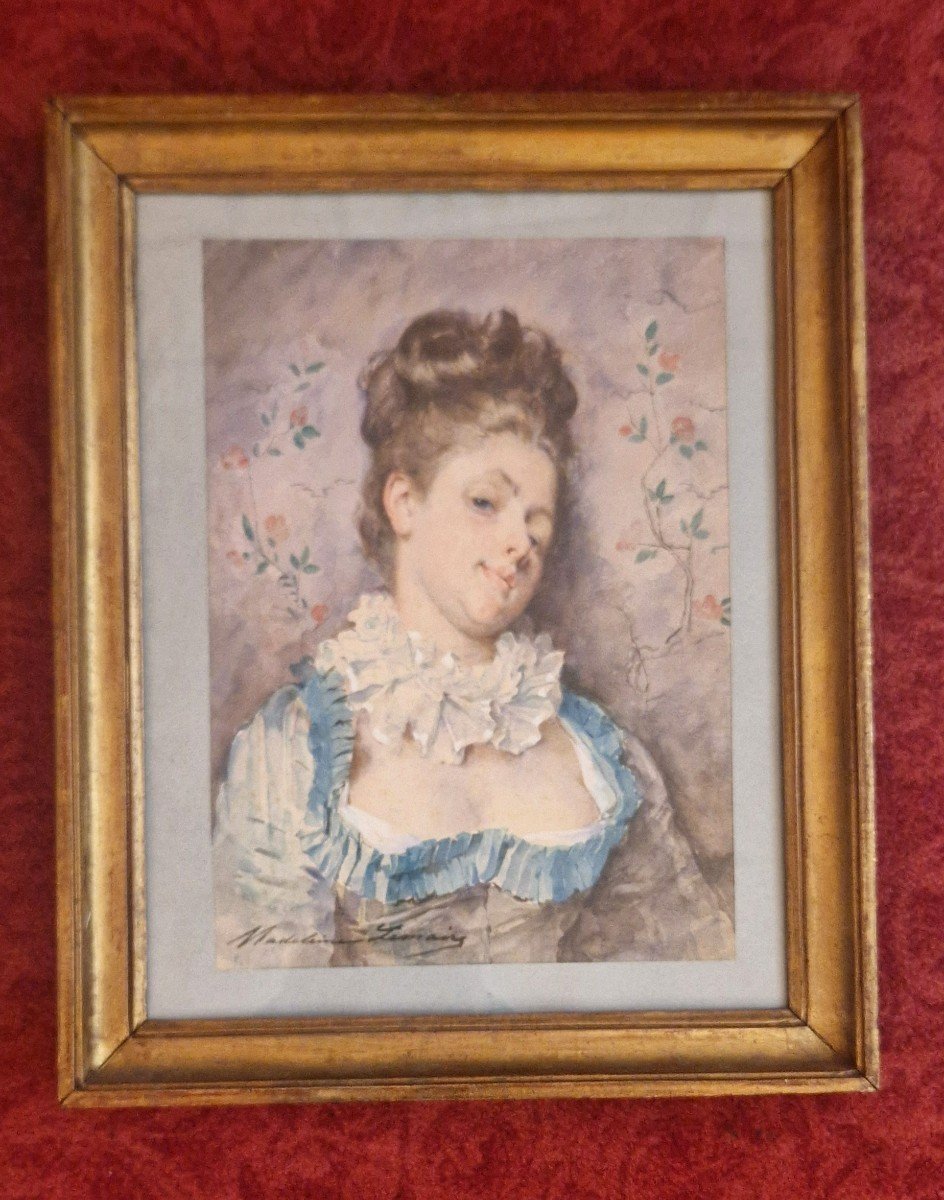 Madeleine Lemaire 1845-1928 Portrait De Jeune Femme Aquarelle