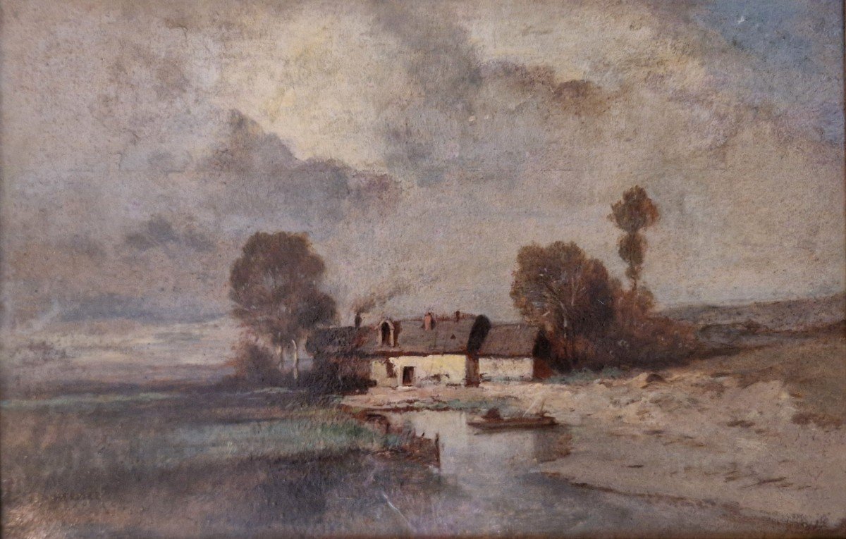 Adolphe Hervier 1818-1879 Paysage à La Chaumière Huile Sur Carton-photo-2