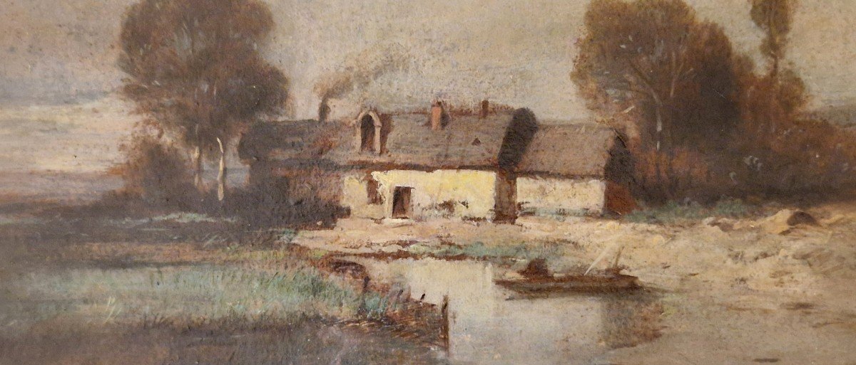 Adolphe Hervier 1818-1879 Paysage à La Chaumière Huile Sur Carton-photo-3