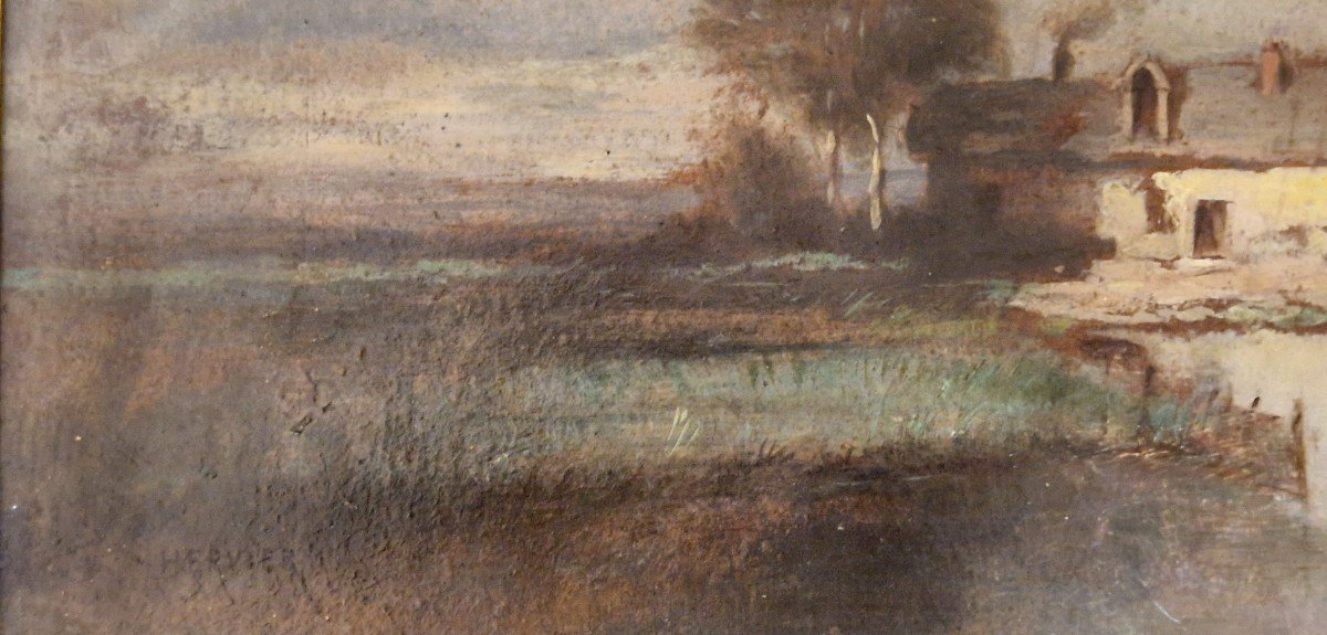 Adolphe Hervier 1818-1879 Paysage à La Chaumière Huile Sur Carton-photo-4