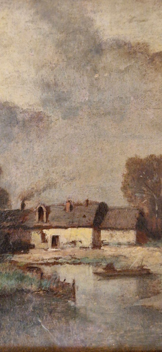 Adolphe Hervier 1818-1879 Paysage à La Chaumière Huile Sur Carton-photo-1